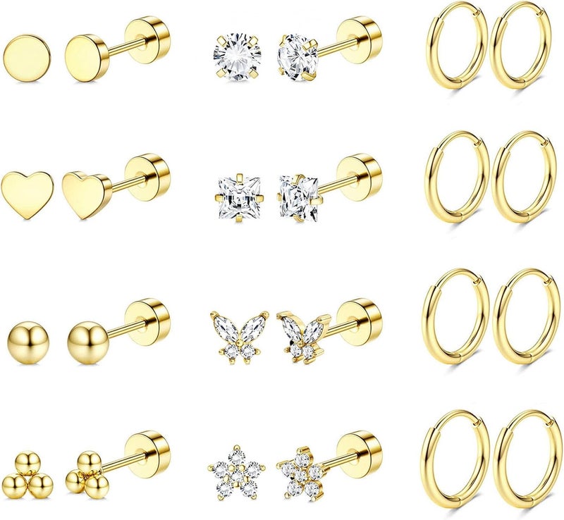 Jstyle Hypoallergenic 14K Gold Plated Flat Back Earrings for Women Men Surgical Stainless Steel Earrings for Sensitive Ears Small Stud Hoop Cartilage Earring Stack Set for Multiple Piercing Jewelry - Image 1